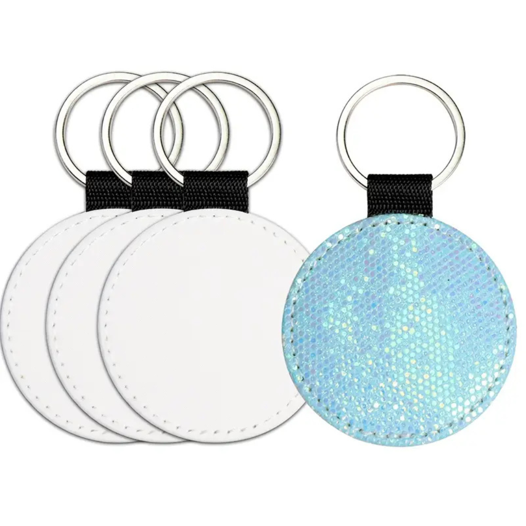 Sleutelhanger met opdruk, rond en met glitters aan de achterzijde