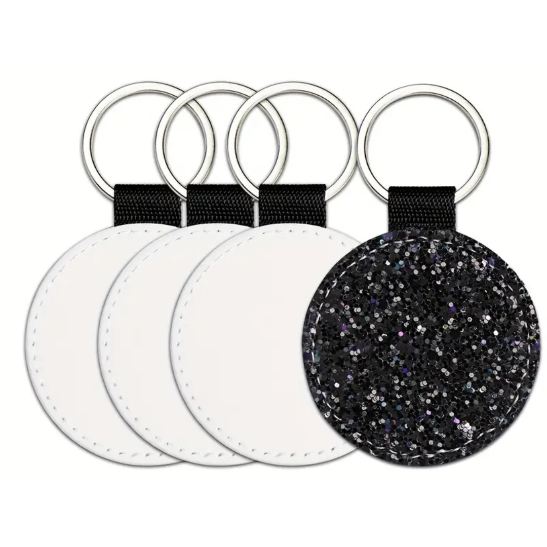 Sleutelhanger met opdruk, rond en met glitters aan de achterzijde